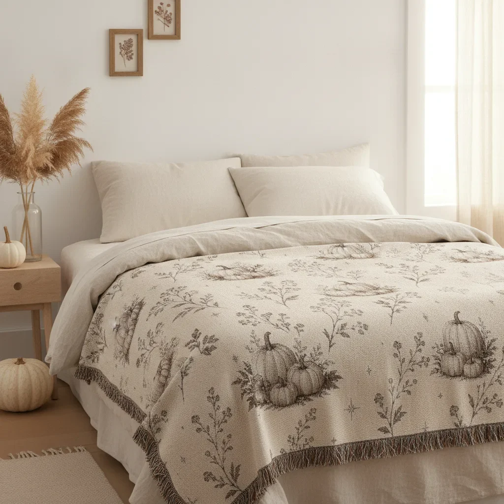 A neutral bedroom with a cream pumpkin-patterned woven blanket