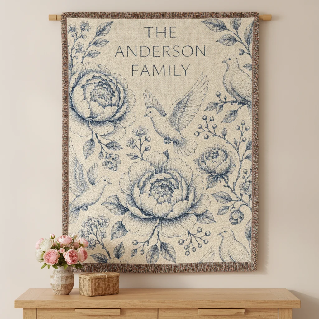 Blue family-name toile blanket displayed above a wood console with flowers and a small woven box