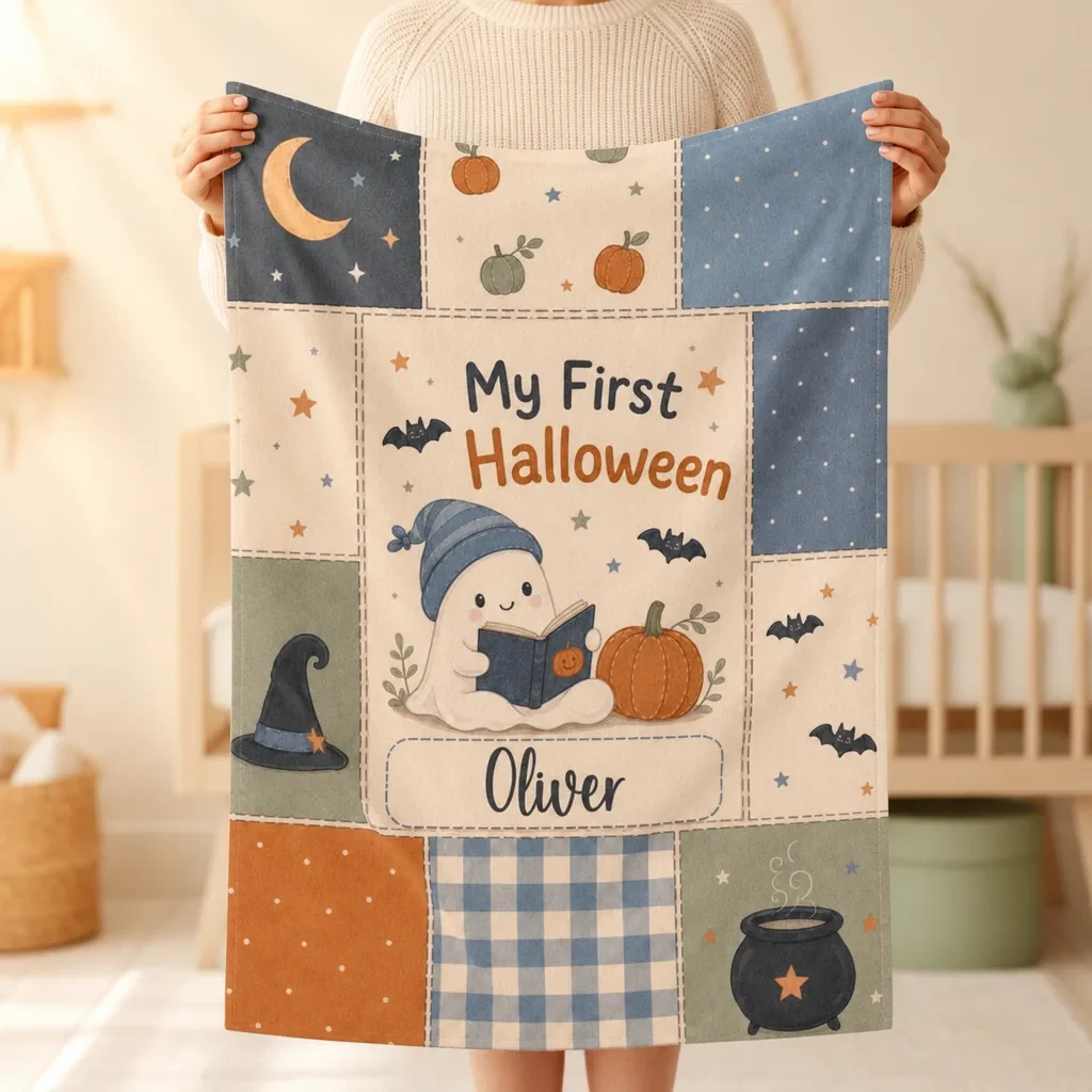 Personalized baby swaddle blanket for baby's first Halloween, held open by a mom in a cream knit sweater — a patchwork design with a little ghost reading a book, muted pumpkins, bats, a crescent moon, and the name Oliver, in a soft neutral nursery.