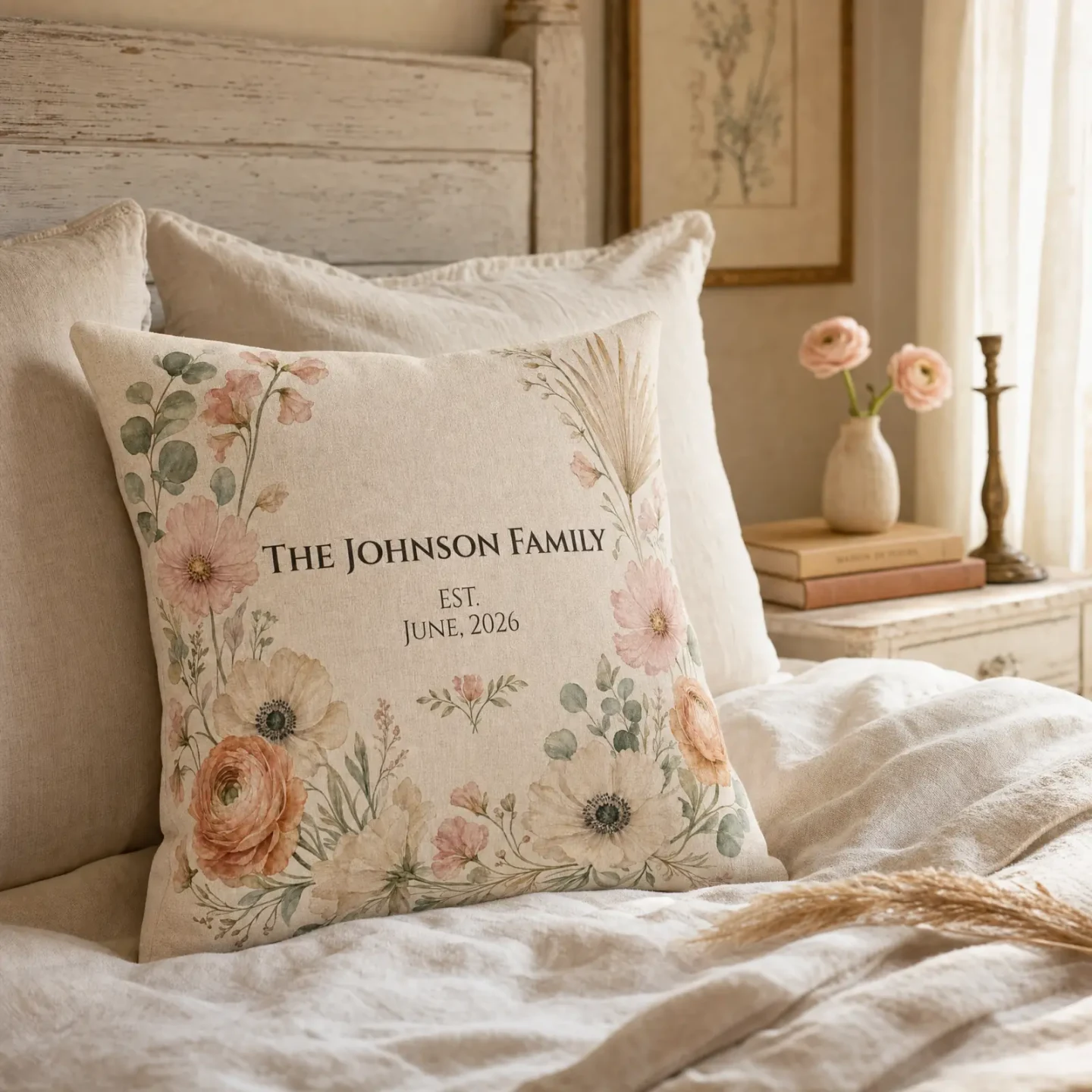 A soft botanical family name pillow with watercolor peonies, ranunculus, and eucalyptus, resting on a romantic cottagecore bed with soft pink ranunculus in a vase nearby — bright natural morning light.