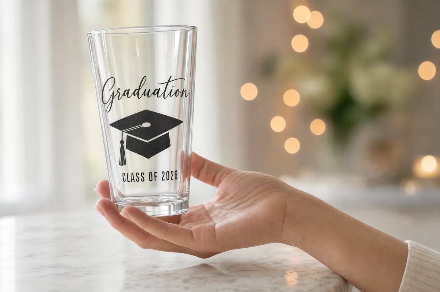 A hand raises a personalized graduation pint glass toward soft window light, white marble counter, soft pastel scene in the background.