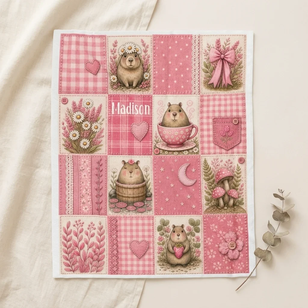 Pink patchwork capybara customizable blanket draped softly, Willow Mist Home
