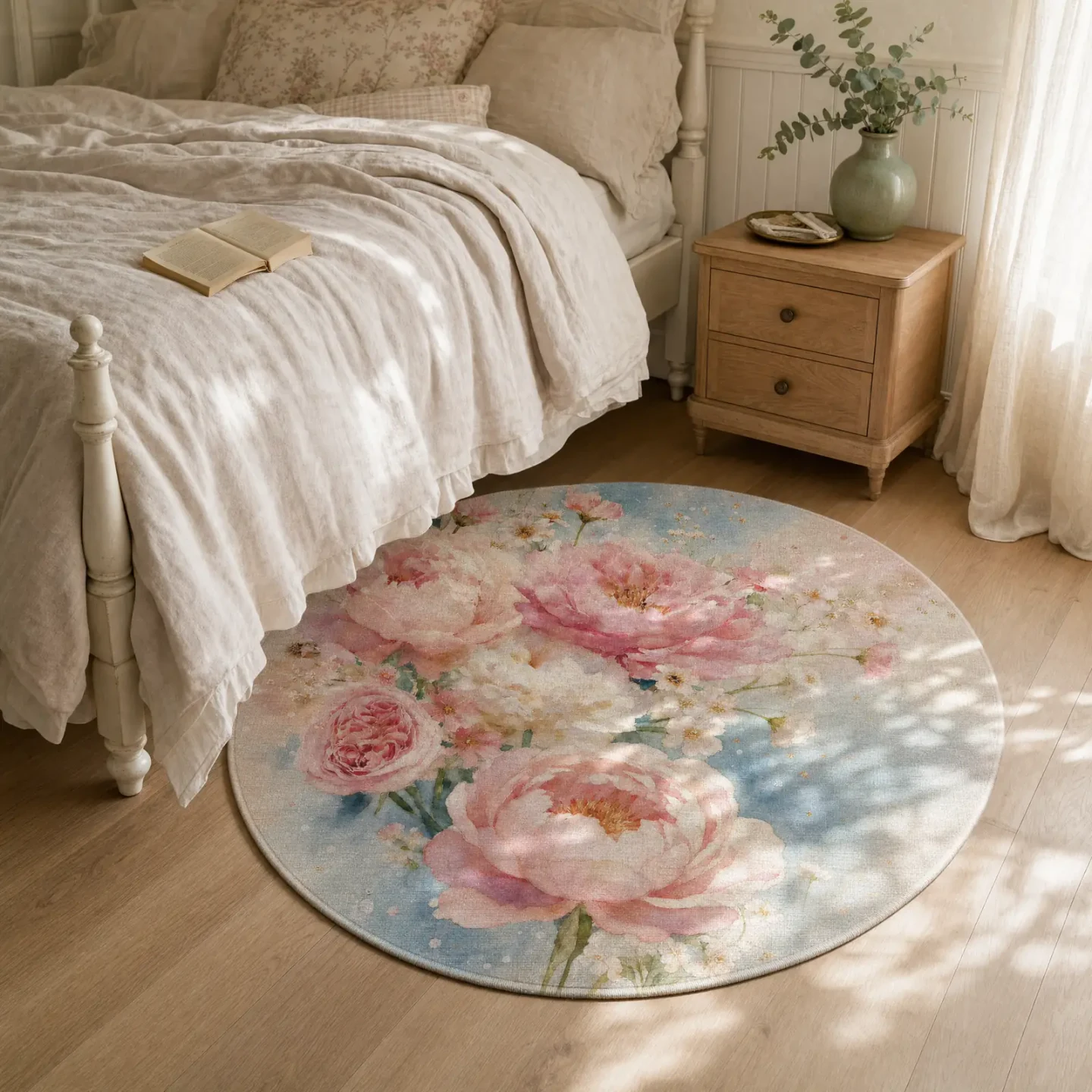 A round peony rug at the foot of a soft linen bed in a cottagecore bedroom, morning light, wood nightstand with open book.