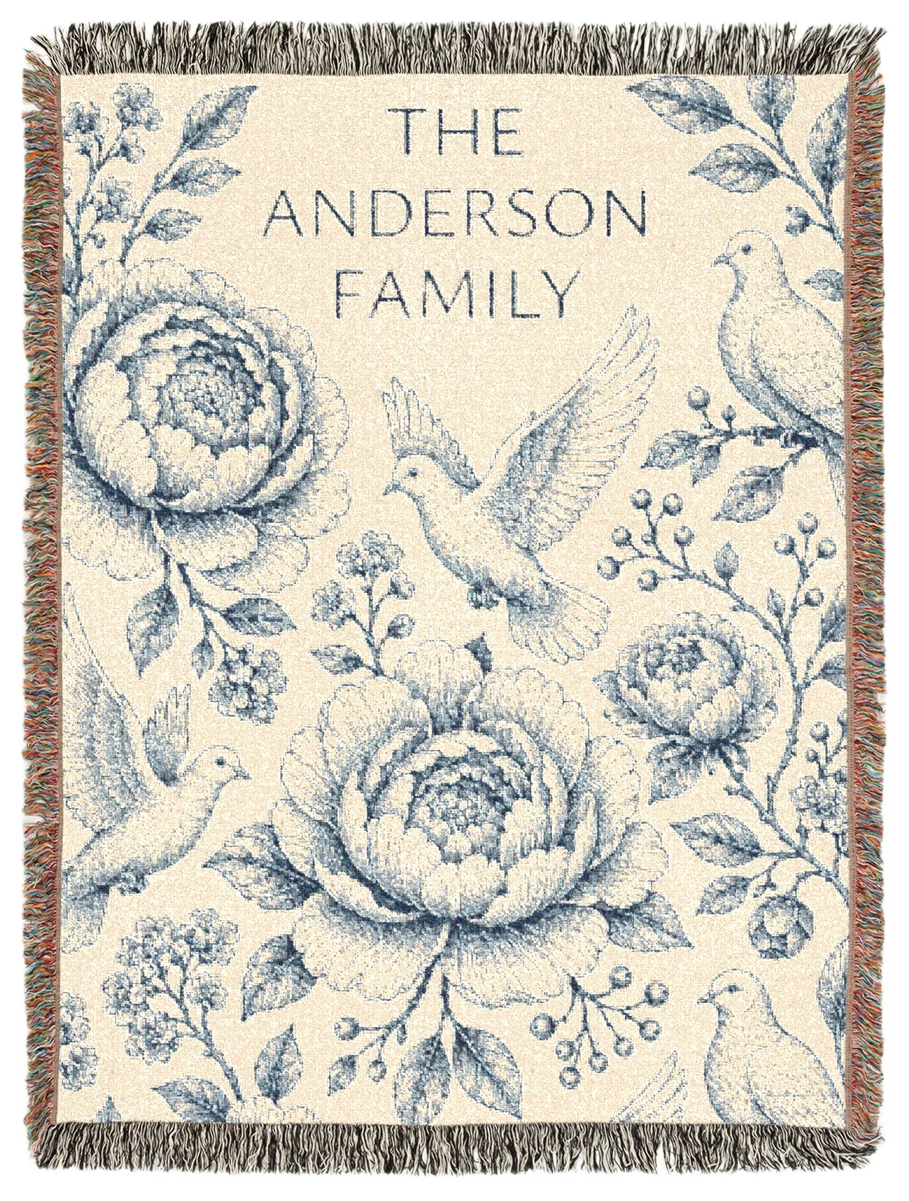 Anderson family-name blue toile blanket, shown flat on a plain background
