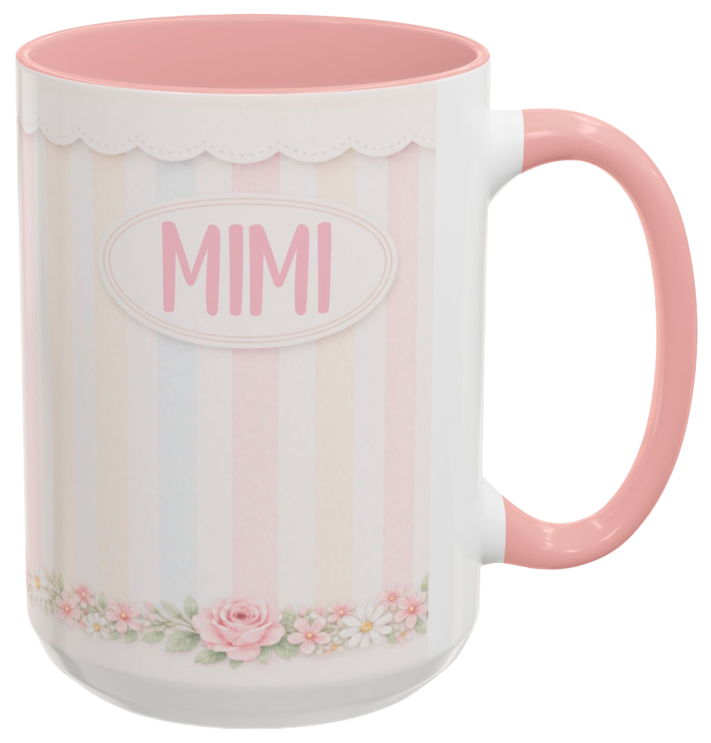 Pink and cream personalized Mimi mug on a plain background