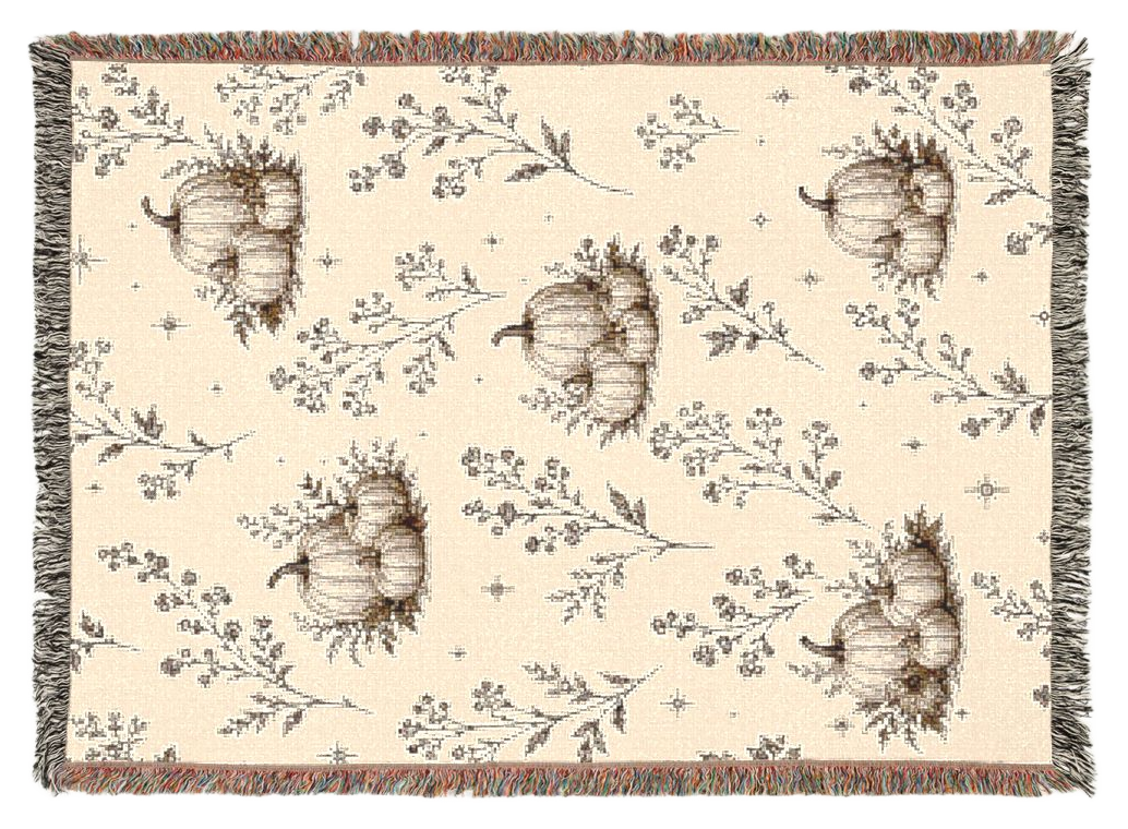Cream and sepia pumpkin blanket shown flat on a plain background
