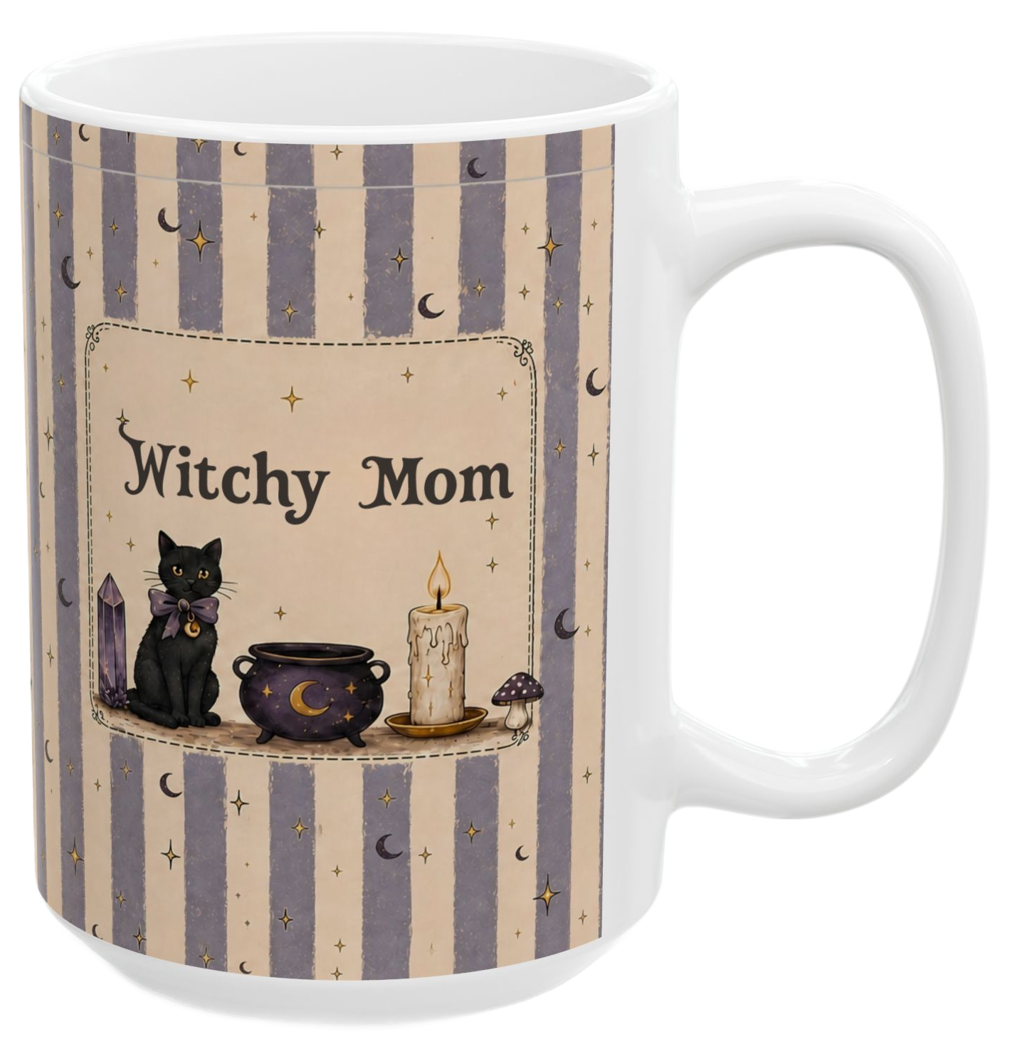 Witchy Mom illustrated striped mug on a plain background