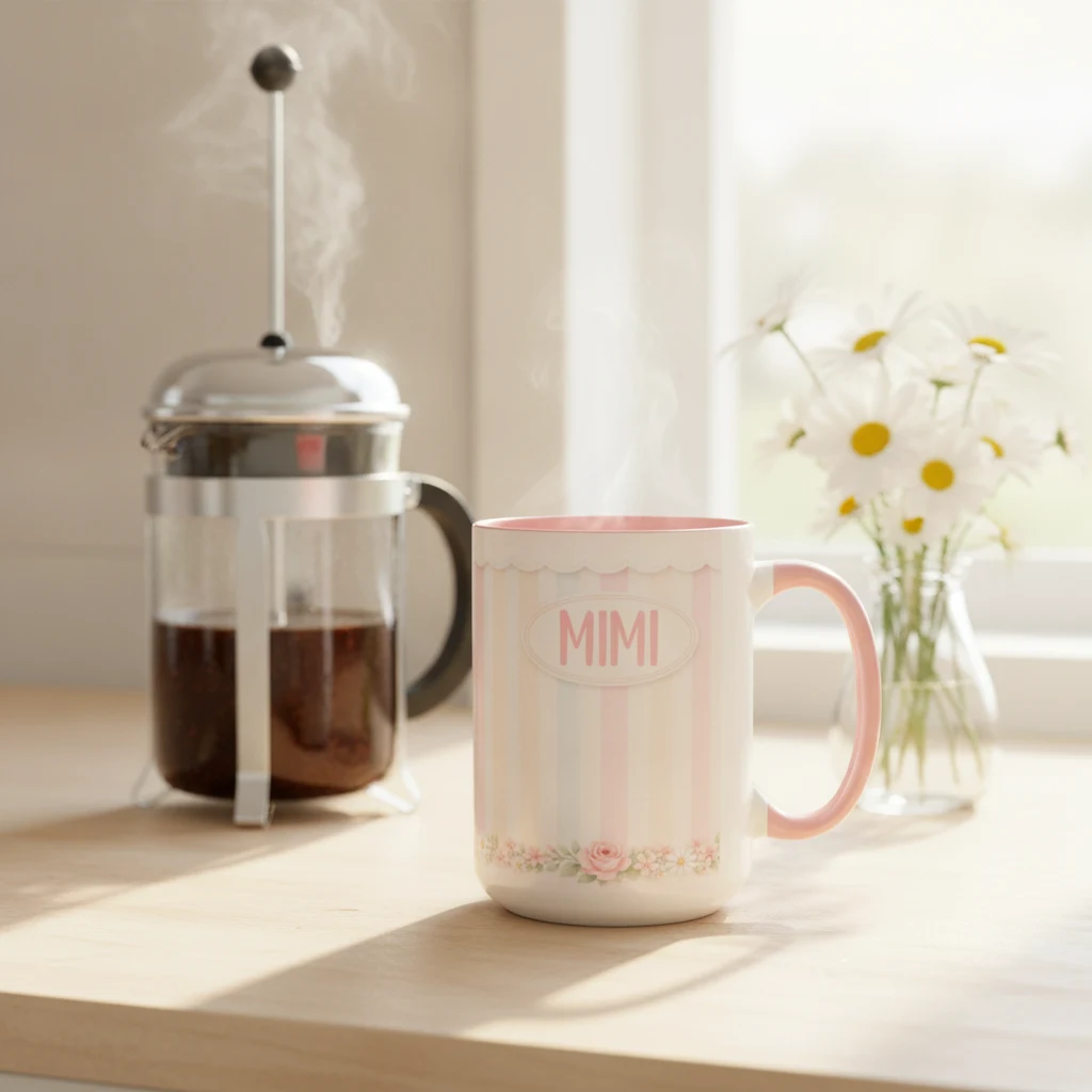 A personalized pink Mimi mug beside coffee and flowers in natural window light