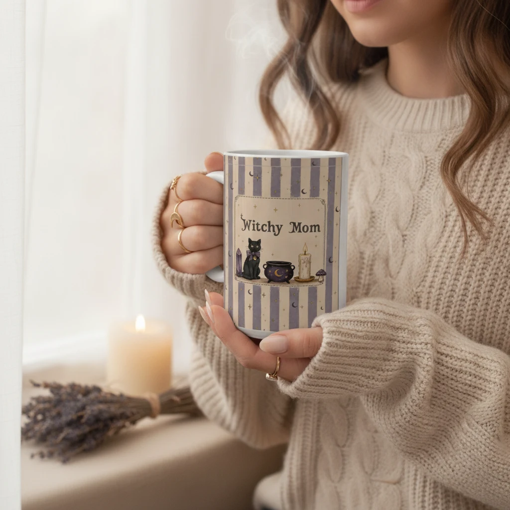 A personalized mug held beside a softly lit reading window