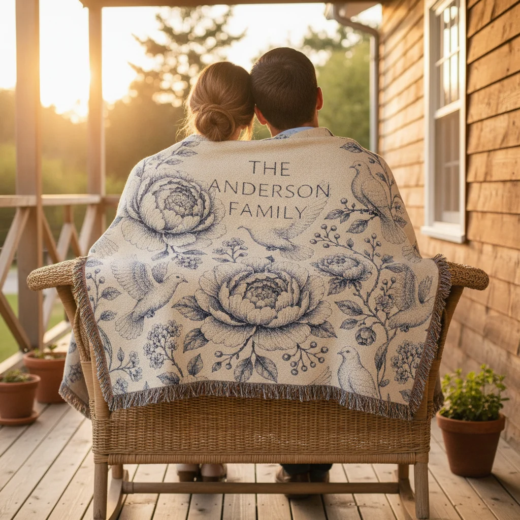 Two people wrapped in a personalized family blanket