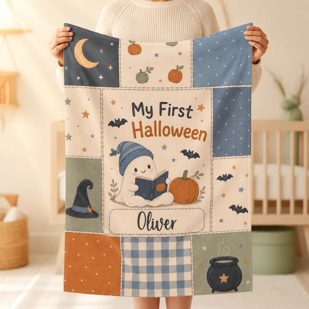 Personalized baby swaddle blanket for baby's first Halloween, held open by a mom in a cream knit sweater — a patchwork design with a little ghost reading a book, muted pumpkins, bats, a crescent moon, and the name Oliver, in a soft neutral nursery.
