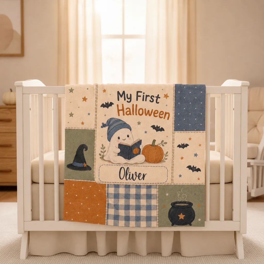 My First Halloween baby swaddle blanket draped over a white crib rail in front of a bright window — soft, neutral backdrop for a baby's first Halloween photoshoot at home.