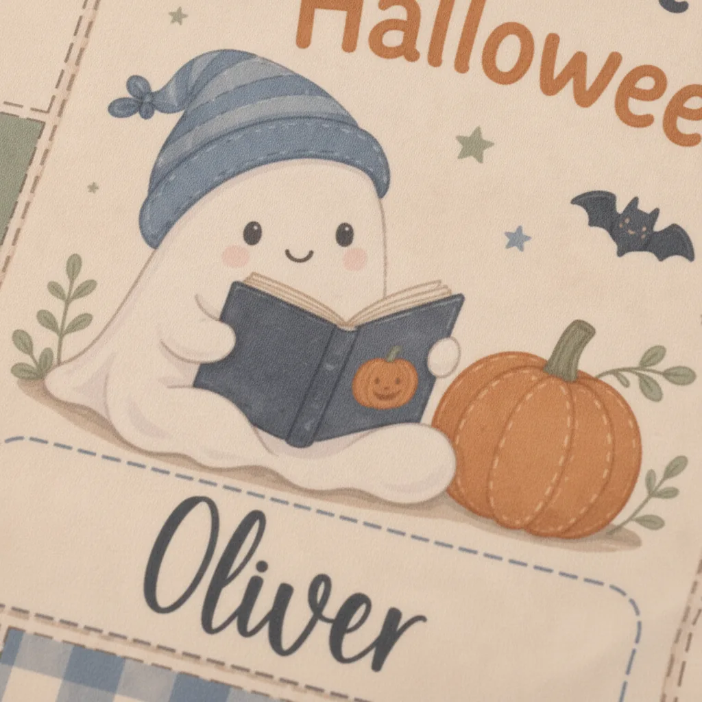 Close-up of the personalized name Oliver in script beneath a little ghost reading a book next to a pumpkin — detail of the jersey baby swaddle blanket, a first Halloween keepsake.