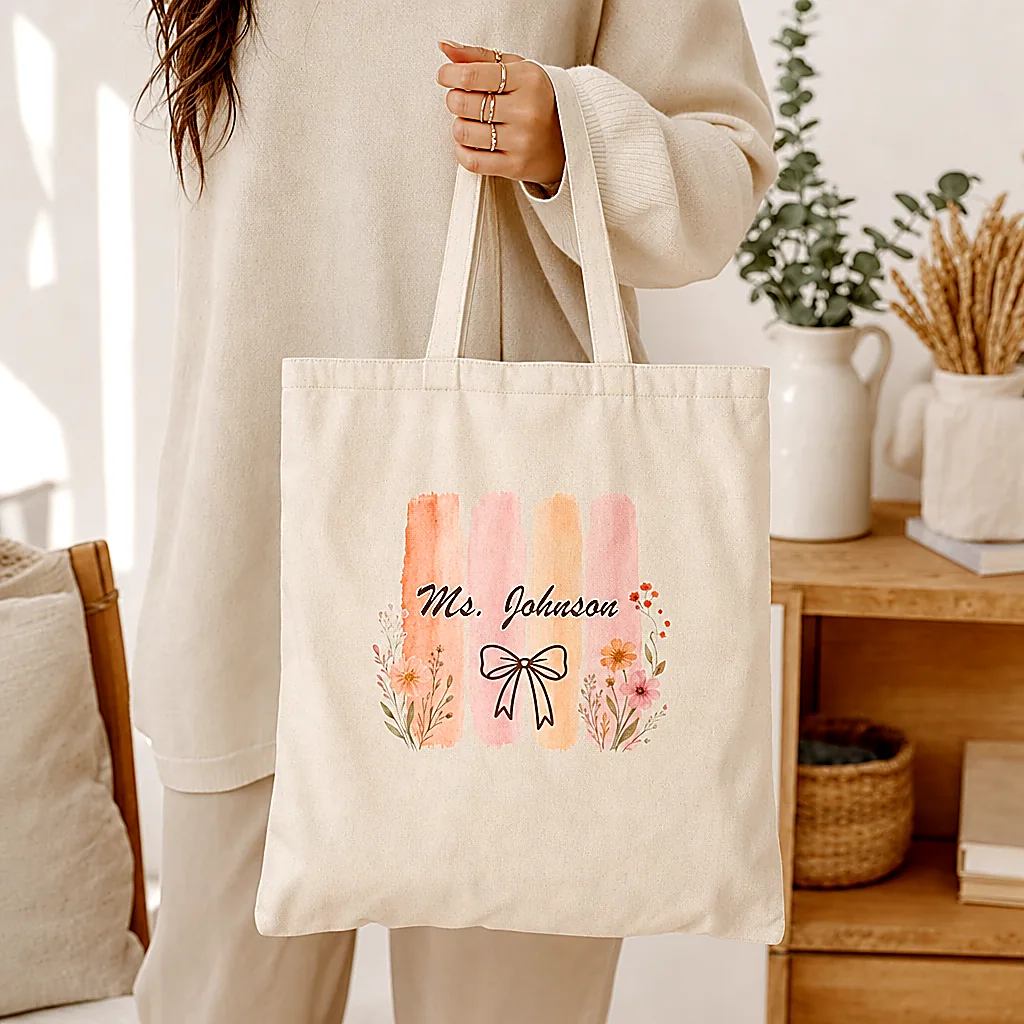 Back to school teacher gifts — a personalized teacher tote bag in natural cotton canvas with the name Ms. Johnson in script over peach and blush watercolour brush strokes, wildflowers and a bow, carried by hand.