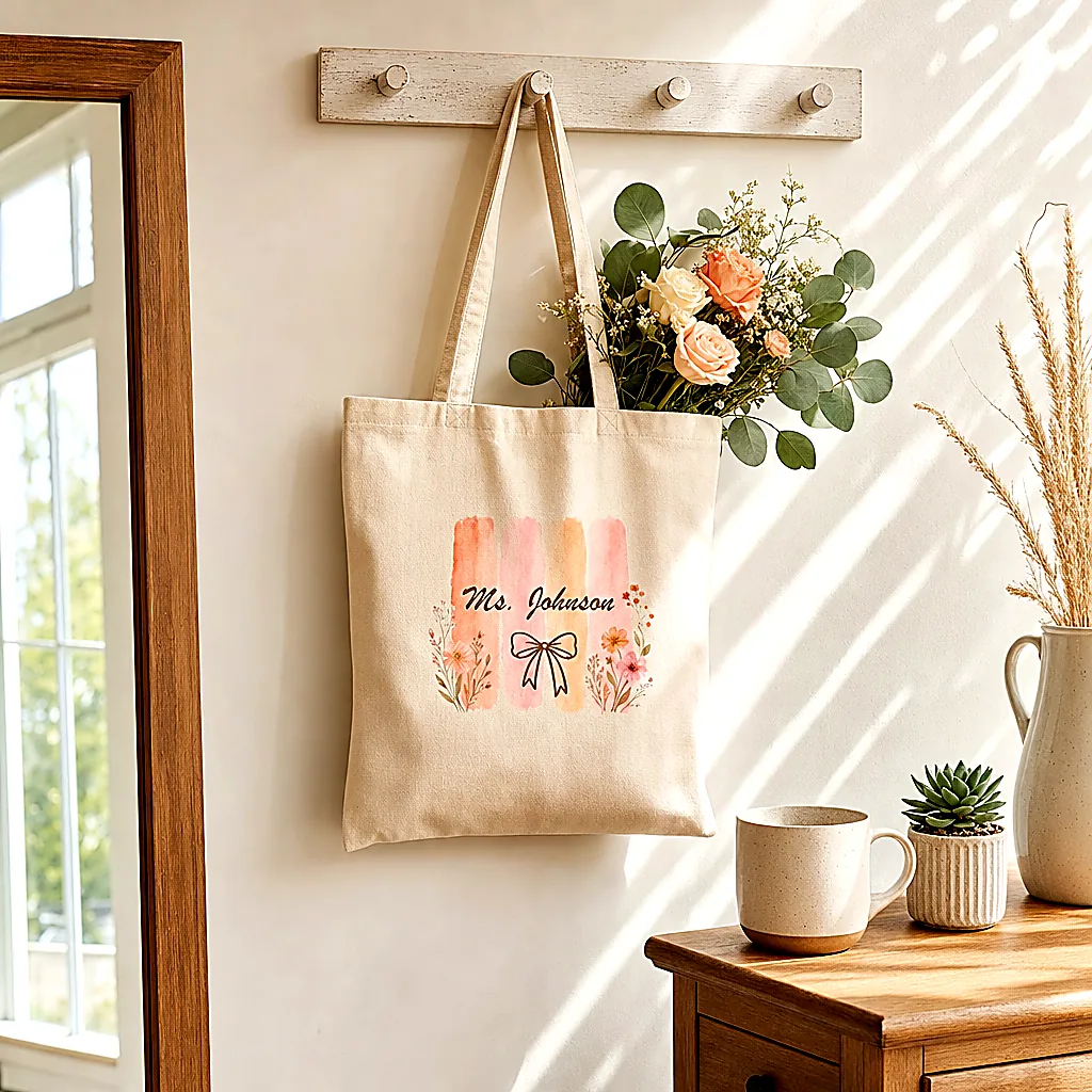 Personalized teacher tote bag hanging on a peg rail with eucalyptus and roses inside, natural canvas with watercolour stripes and the name Ms. Johnson.