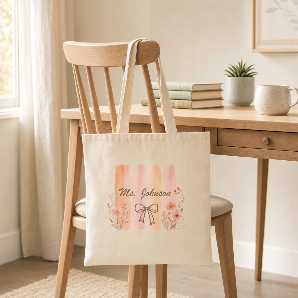 Teacher tote bag with a custom name hanging on a wooden desk chair beside stacked books and a speckled mug — first day of school gift styling.