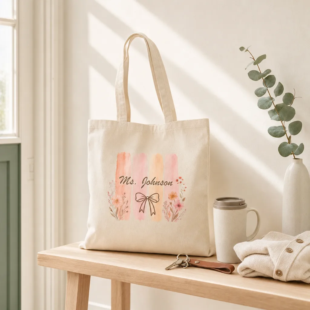 Custom name canvas tote bag for teachers on an entryway bench with keys, a travel mug and a folded cardigan — teacher appreciation gift idea.