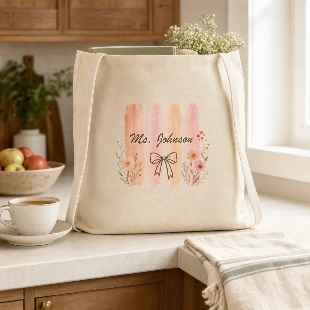 Personalized teacher tote bag with custom name in a bright kitchen