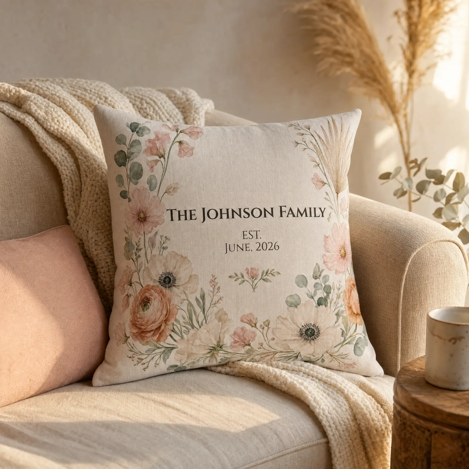 The same family name botanical pillow on a cream linen sofa with a soft knit throw, a blush accent pillow, dried pampas in the background, and a ceramic coffee mug on a wood side table — warm morning light.