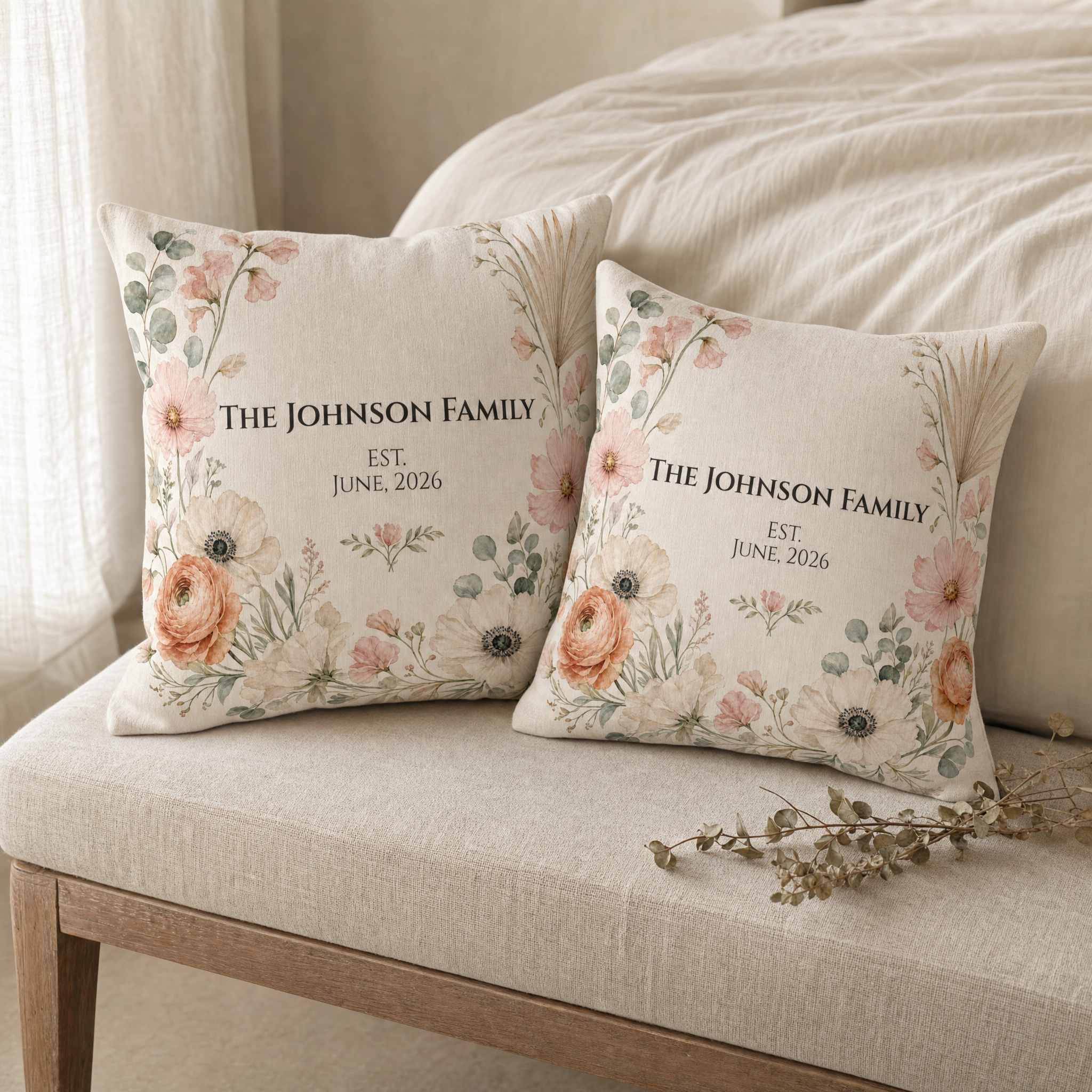 Two matching personalized family name botanical pillows side by side on a cream linen bench, framed by soft garden florals in pink and peach with eucalyptus and pampas accents — minimal cottagecore styling, soft daylight.