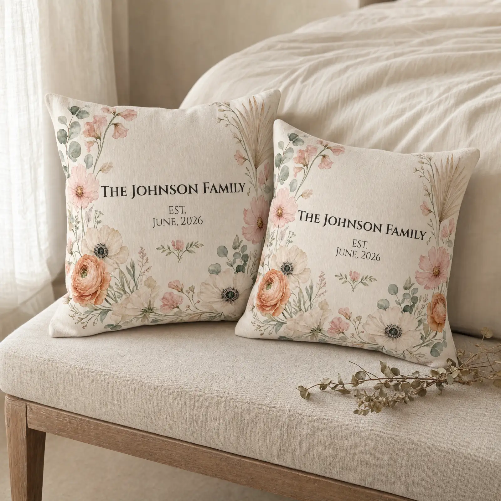 Two matching personalized family name botanical pillows side by side on a cream linen bench, framed by soft garden florals in pink and peach with eucalyptus and pampas accents — minimal cottagecore styling, soft daylight.