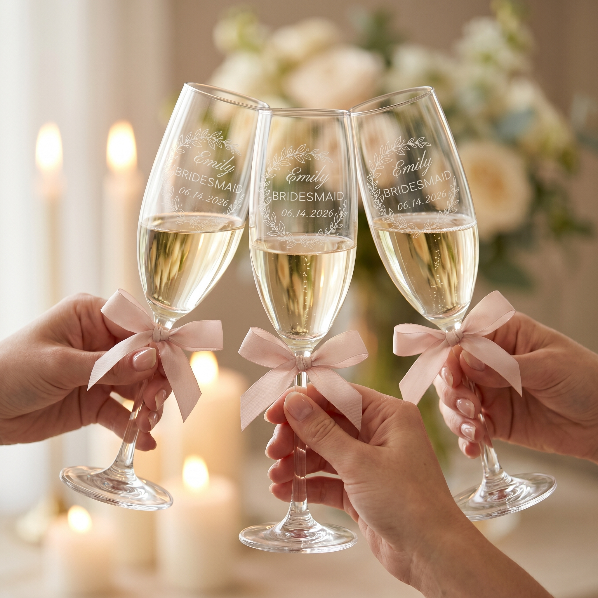 Bridesmaids gently clink their personalized eucalyptus-engraved champagne flutes in a soft morning toast, cream tones, natural window light.