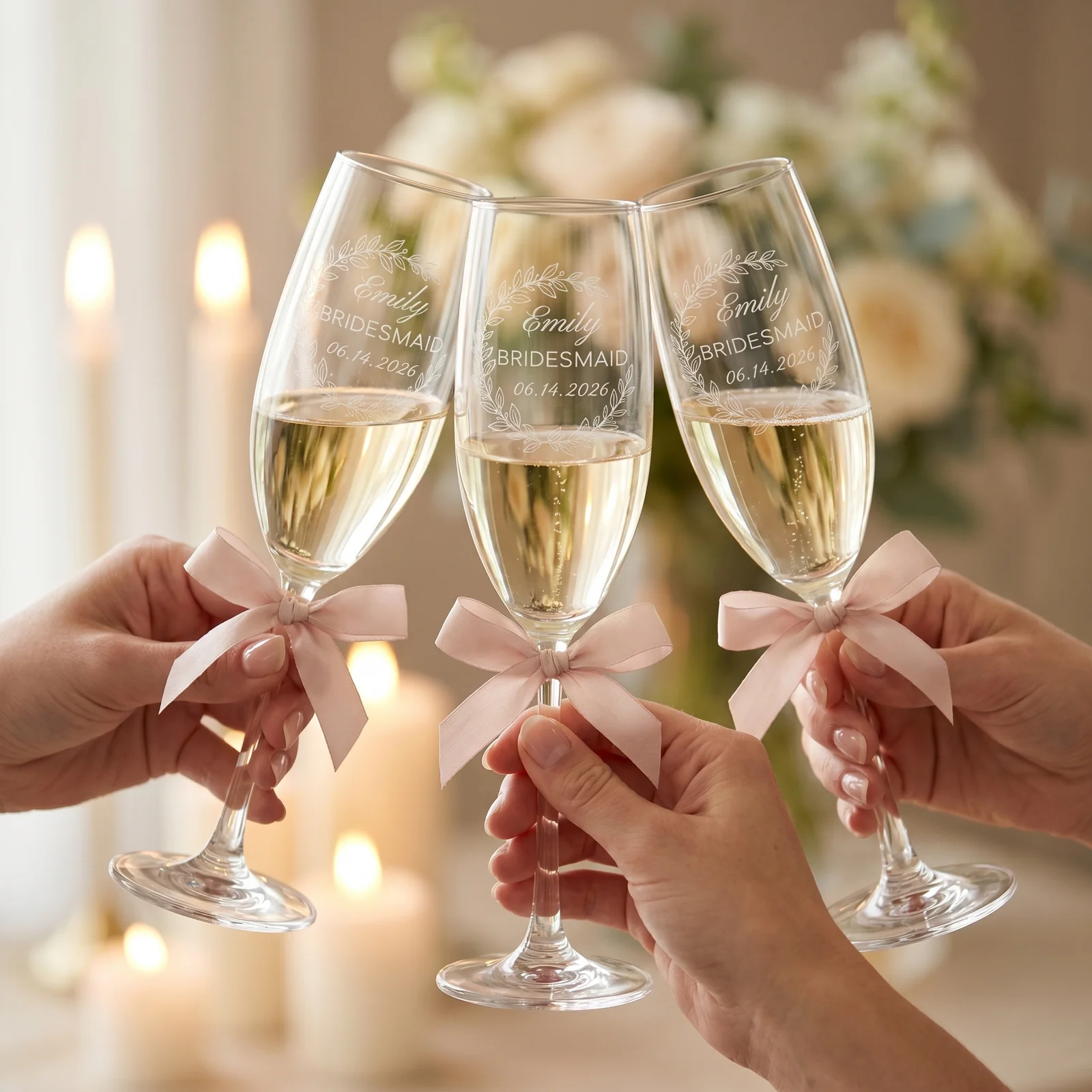 Bridesmaids gently clink their personalized eucalyptus-engraved champagne flutes in a soft morning toast, cream tones, natural window light.