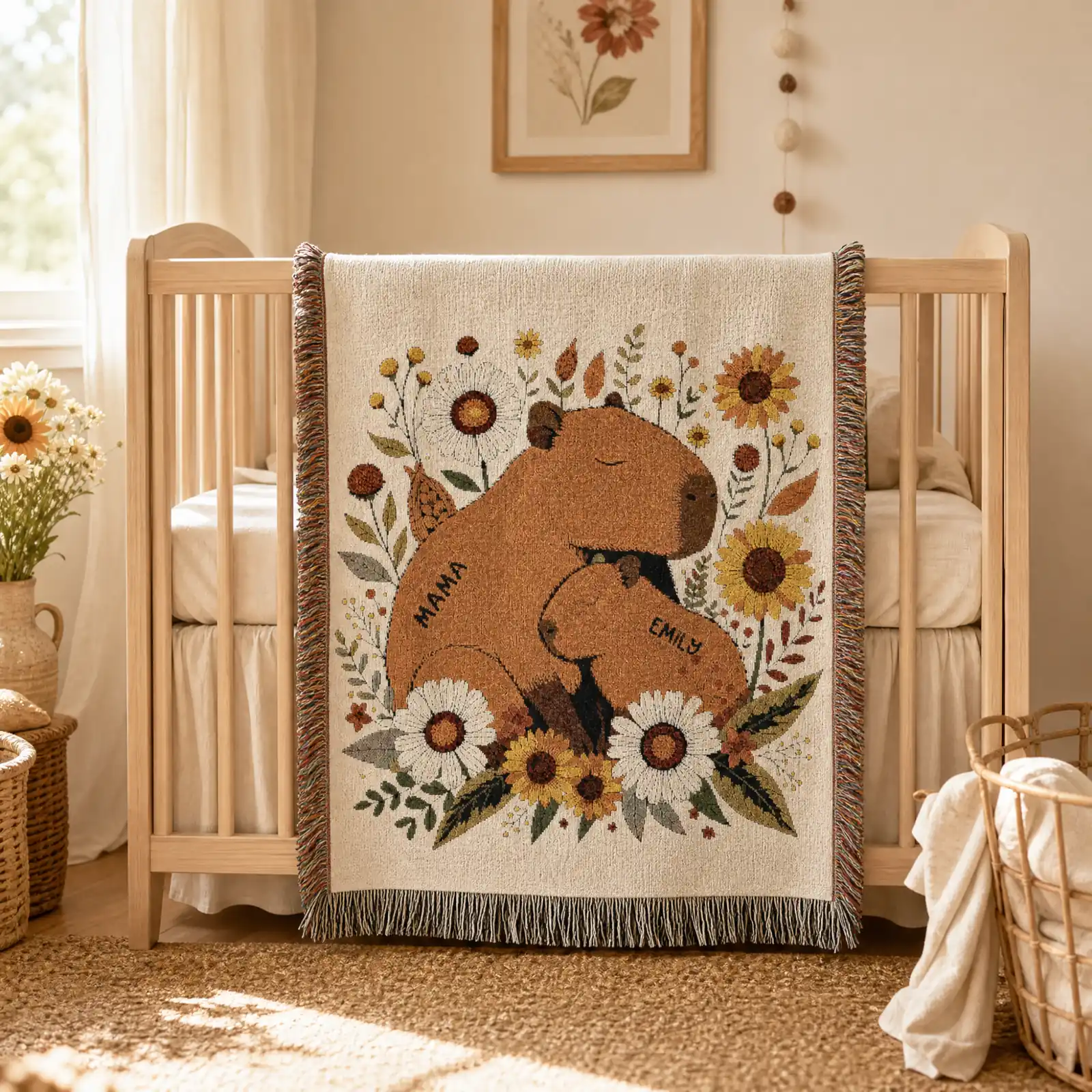 Personalized capybara woven blanket draped over wooden nursery crib with sunflower decor, boho nursery baby shower gift by Willow Mist Home