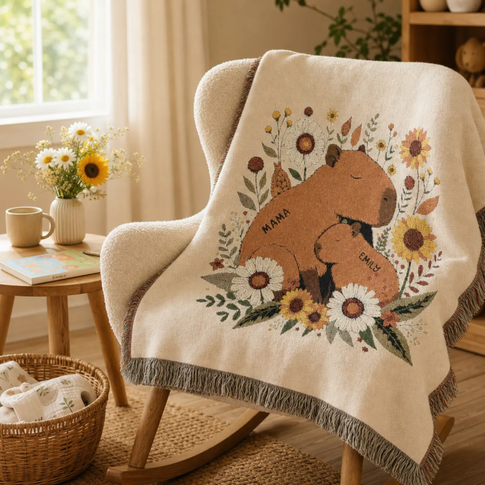 Capybara woven blanket draped over cozy cream armchair with sunflowers and mug beside it, cottagecore home decor lifestyle gift