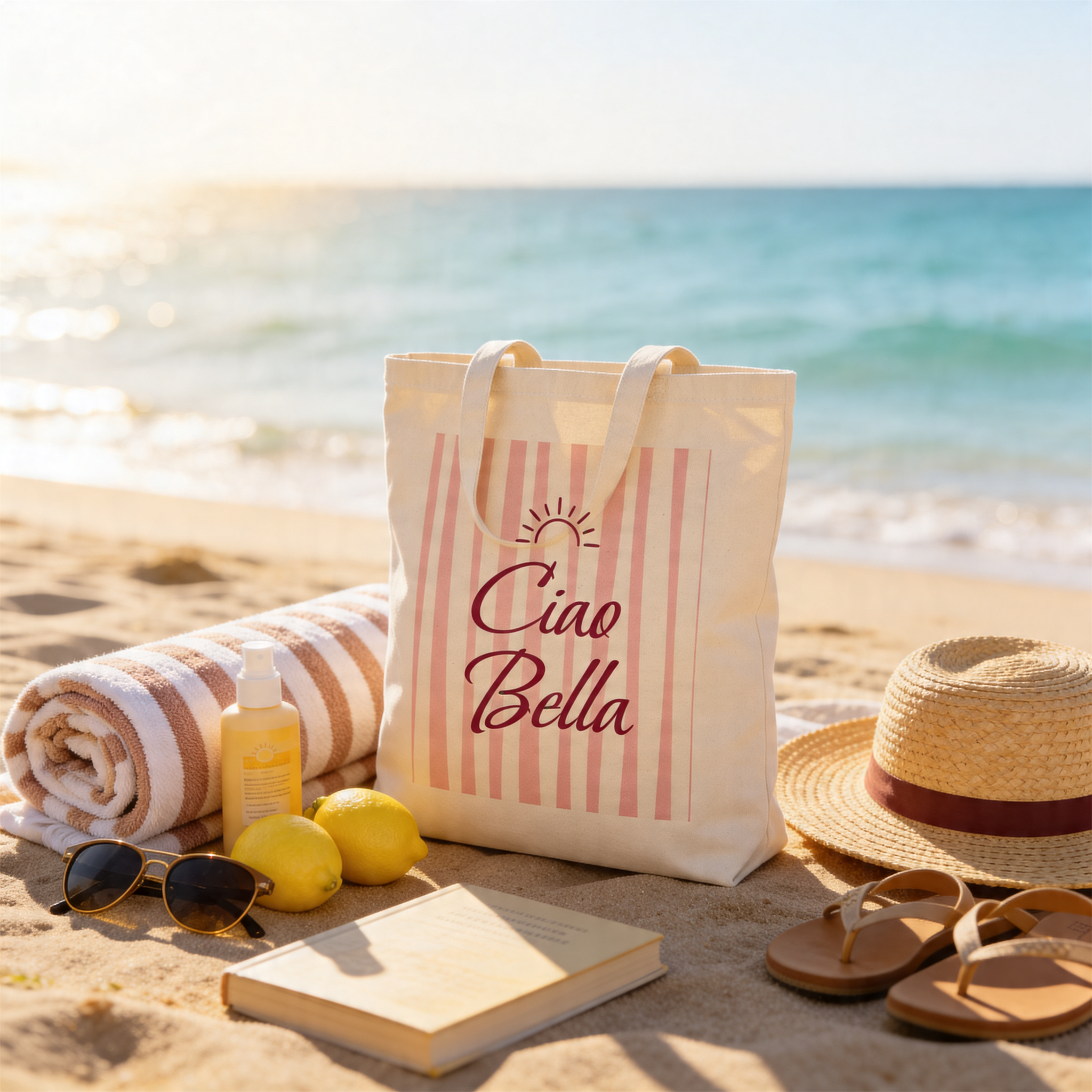A blush-pink and cream Ciao Bella striped canvas tote bag on warm Italian beach sand with a folded blush-striped towel, a wide-brimmed straw hat, sunglasses, sunscreen, fresh lemons, and an open novel — soft golden Mediterranean morning light spilling across the scene.