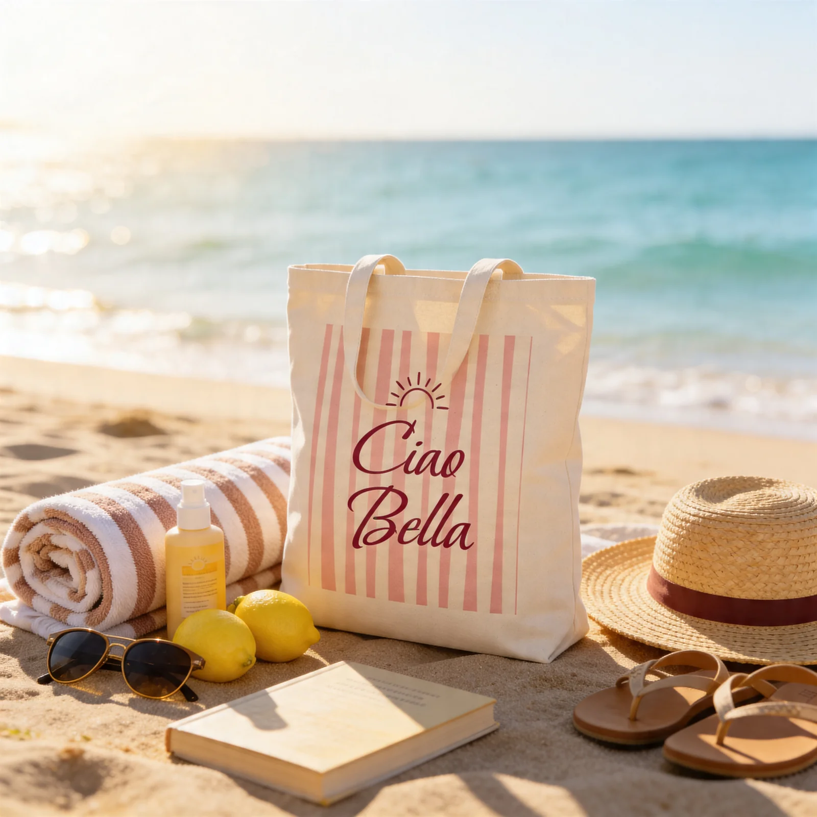 A blush-pink and cream Ciao Bella striped canvas tote bag on warm Italian beach sand with a folded blush-striped towel, a wide-brimmed straw hat, sunglasses, sunscreen, fresh lemons, and an open novel — soft golden Mediterranean morning light spilling across the scene.
