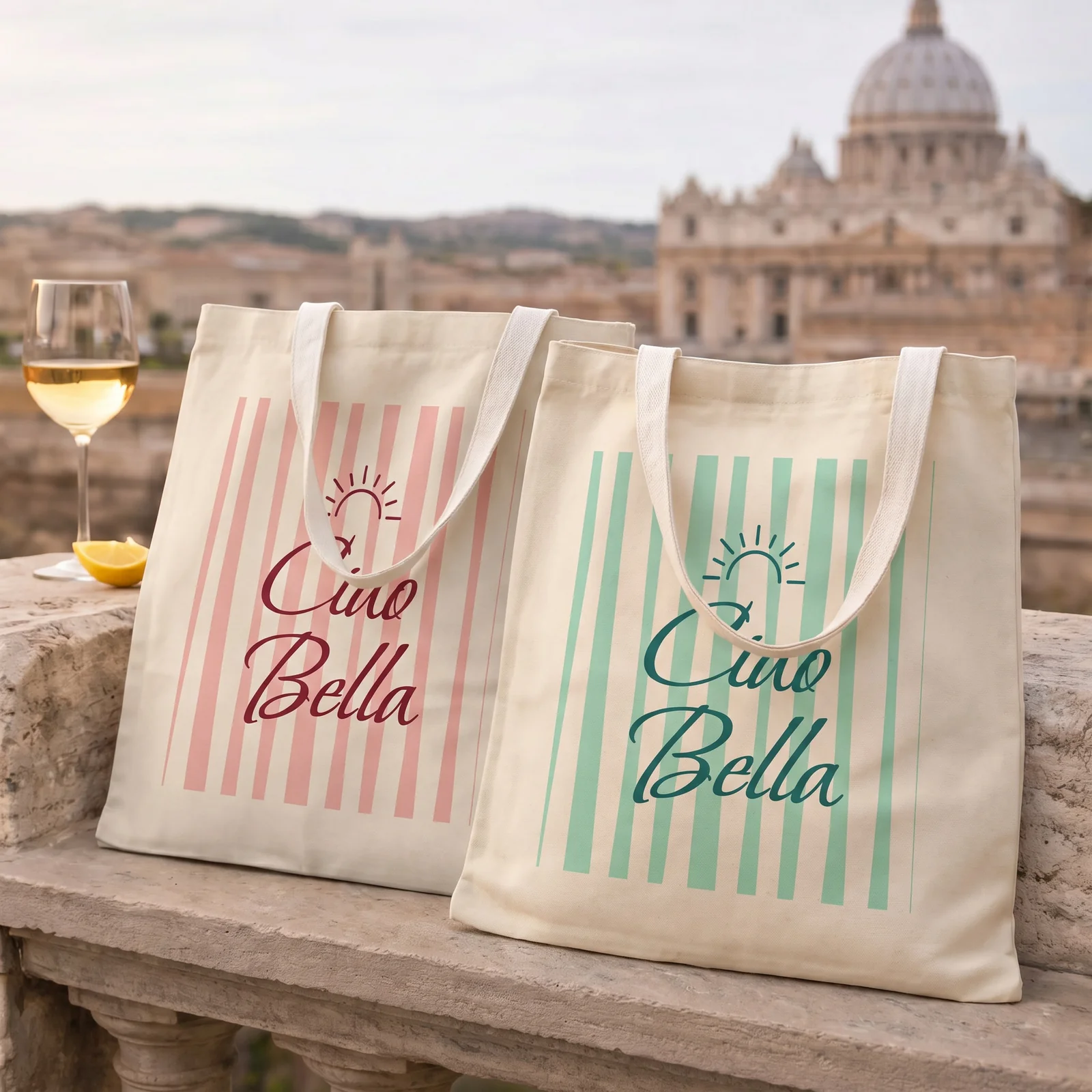 Two Ciao Bella striped canvas tote bags resting side by side on a sunlit Italian stone balustrade — one in soft blush pink and cream stripes, one in sage mint and cream stripes — a glass of chilled white wine beside them, the dome of St. Peter's Basilica softly out of focus in the background.