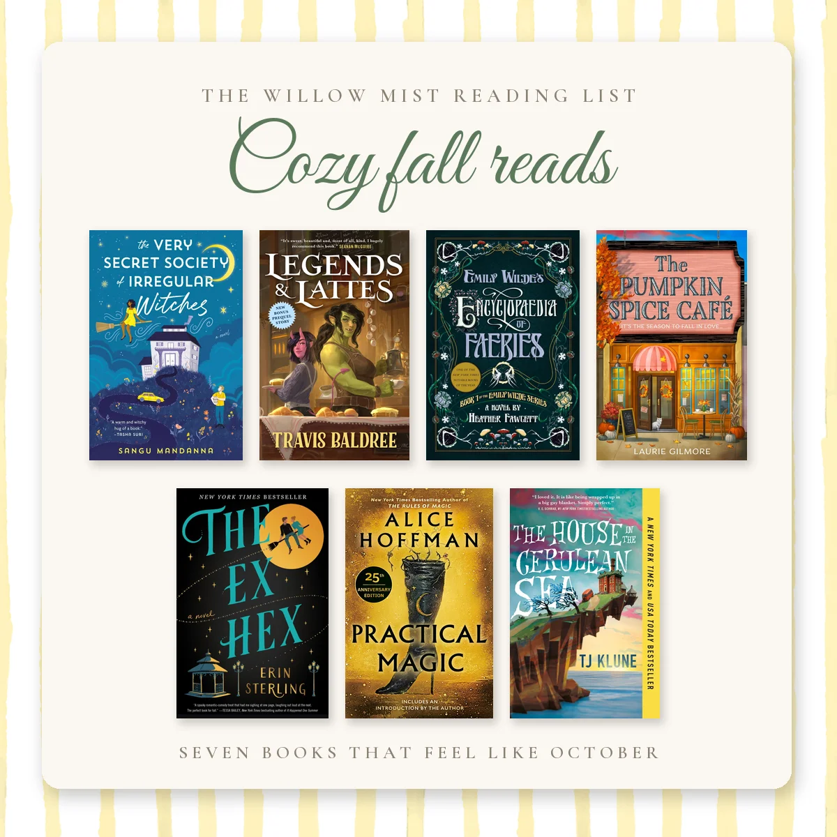 Cozy fall reads — seven cozy books for October arranged on a cream reading-list board: witchy novels, coffee-shop fantasy and quiet magic titles.