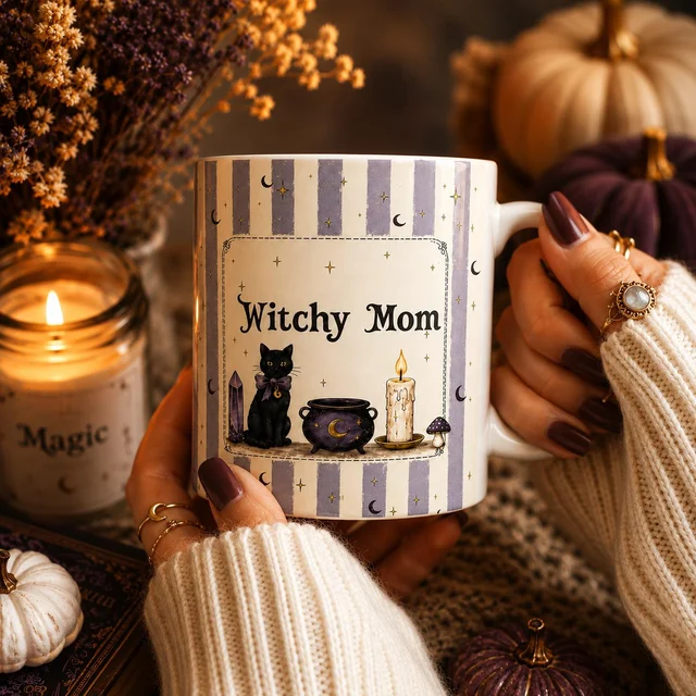 Personalized black cat mug for cozy autumn evenings