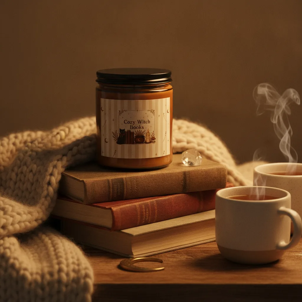 Cozy gifts for book lovers — a book lover candle in an amber apothecary jar with a black cat and vintage books label, lit in a soft reading nook beside stacked books.