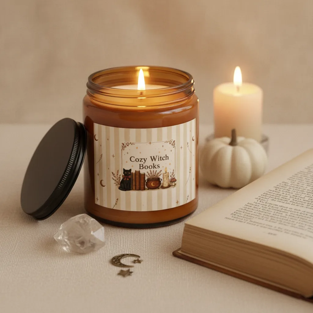 Book lover candle lit in an amber jar beside an open book — soft flame, black cat label, cozy evening reading scene.