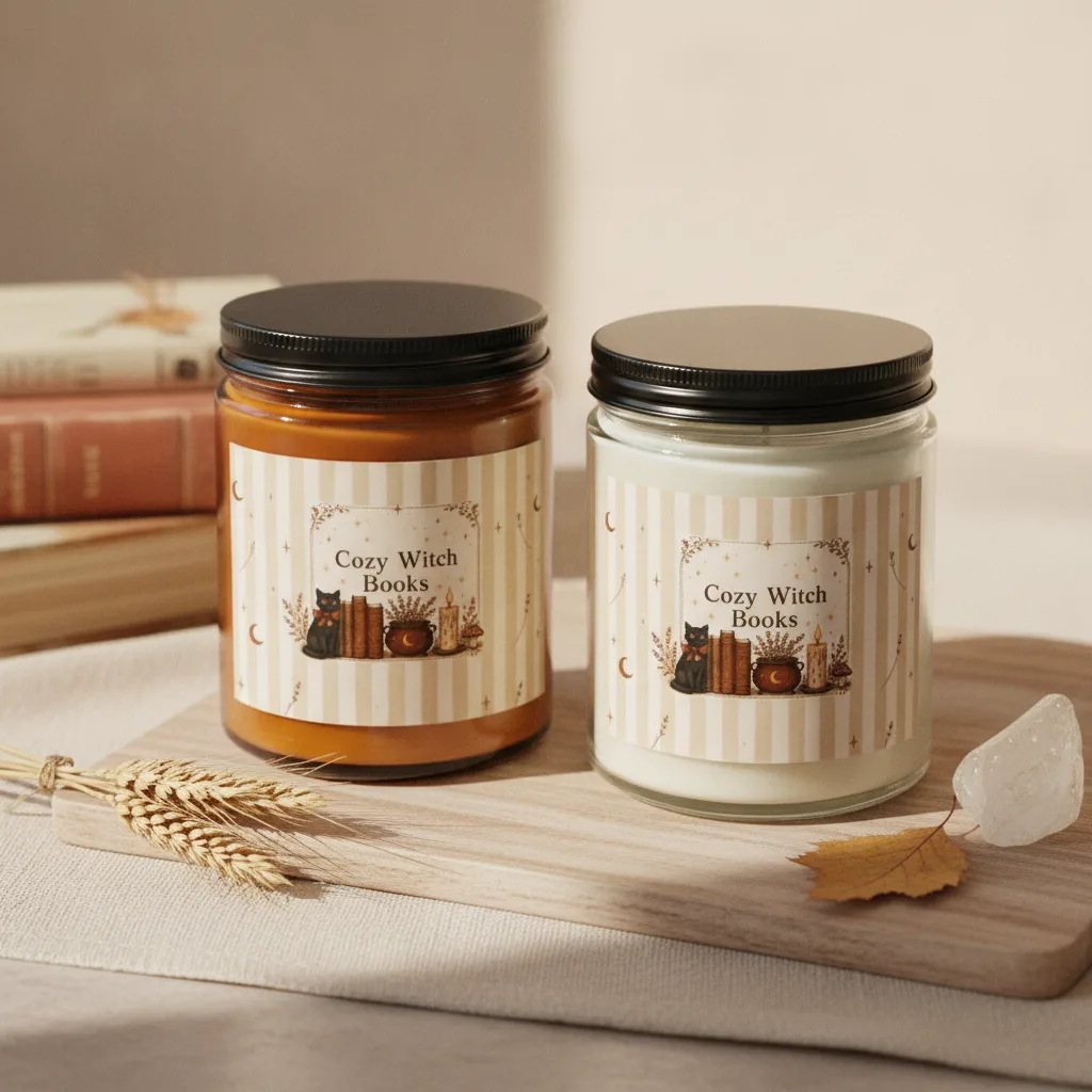 Two Cozy Witch Books candles side by side — one amber glass jar and one clear glass jar, both with the black cat and vintage books design, on a bright shelf.