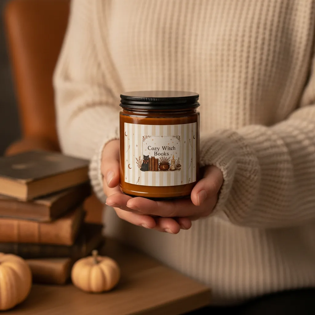 Two friends exchanging a Cozy Witch Books candle set as a gift — book club gift idea with amber candle, matches and wick trimmer.