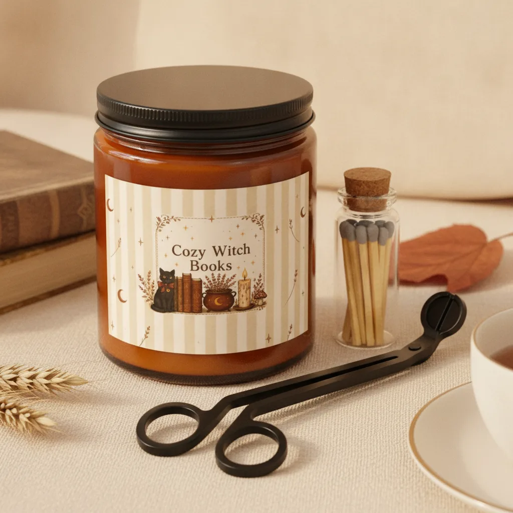 Cozy Witch Books candle set flat lay — amber soy candle with black cat and vintage books label, corked glass vial of matches and a matte black wick trimmer in a gift box.