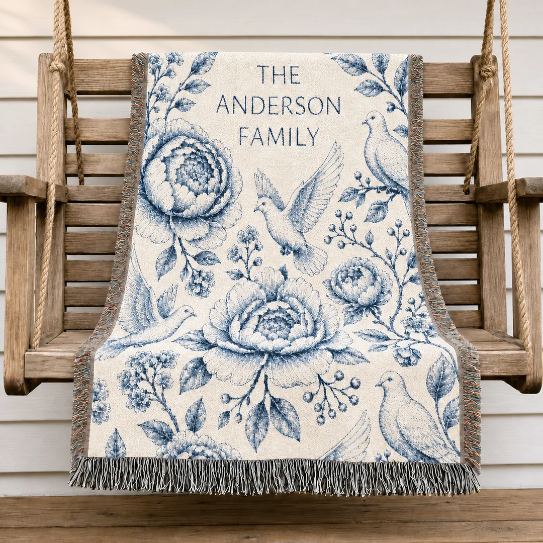 Personalized family name blanket draped over shoulders on a porch swing — vintage navy toile design with roses, peonies, and doves woven into cream cotton, with the family surname woven in at the center.