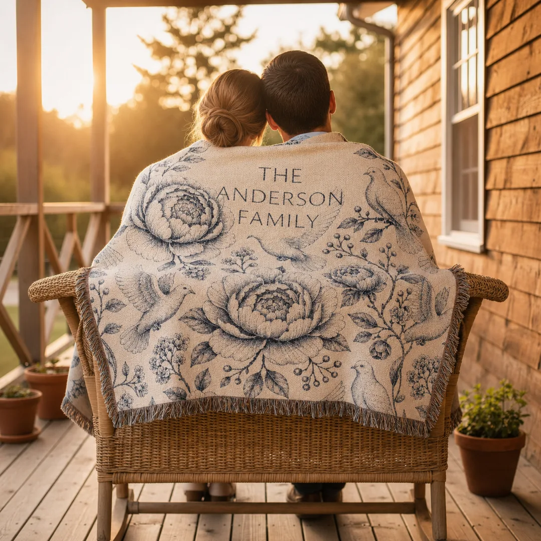 A couple seen from behind on a veranda at golden hour, one of them wrapped in the personalized family name woven blanket with the new family surname woven into the vintage navy toile design.