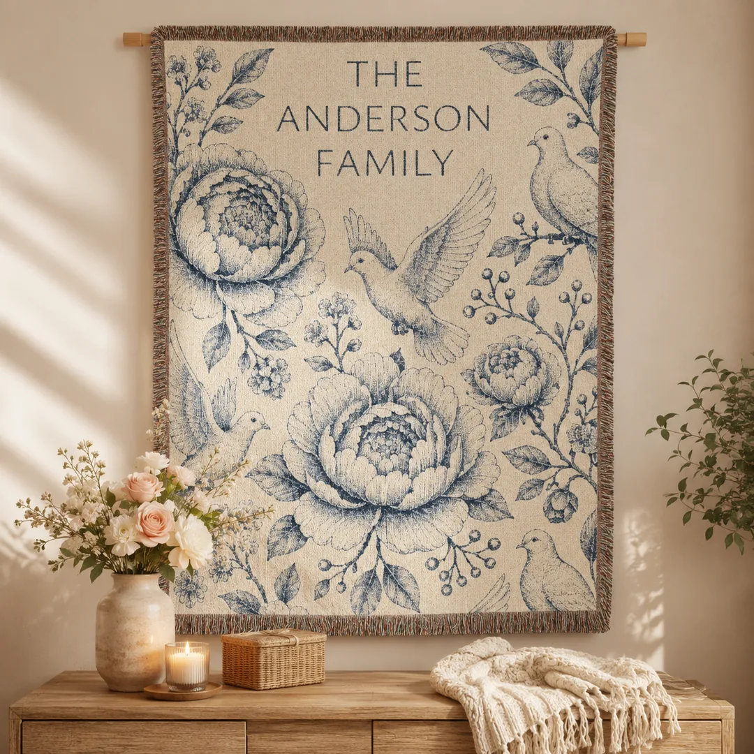 Personalized family name woven blanket hung flat on the wall as a tapestry in a styled entryway, showing the vintage navy toile roses, peonies, and doves design with the family surname centered.