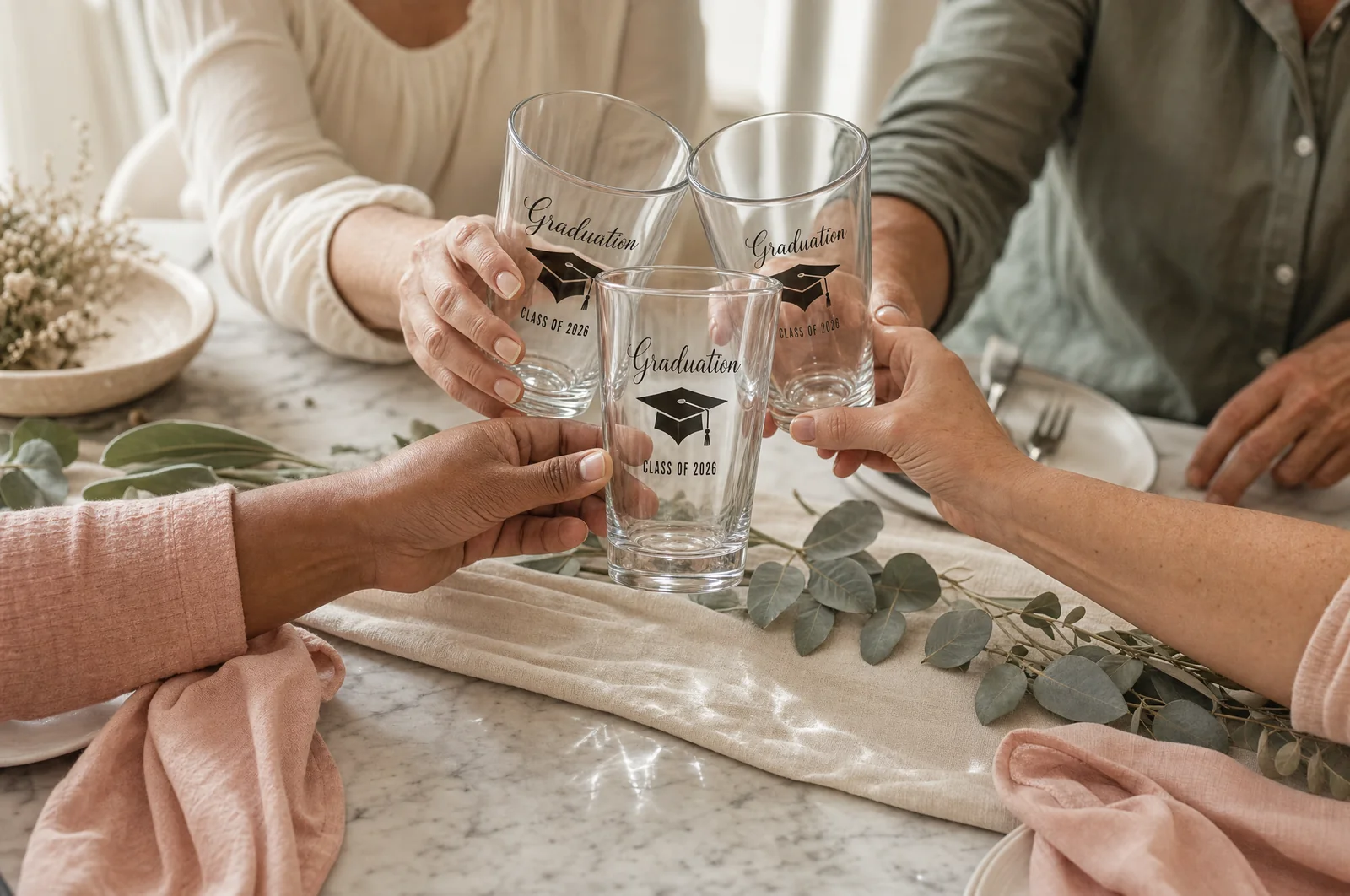 Family hands gently clink four matching pint glasses in a graduation toast over a softly-set marble dinner table.