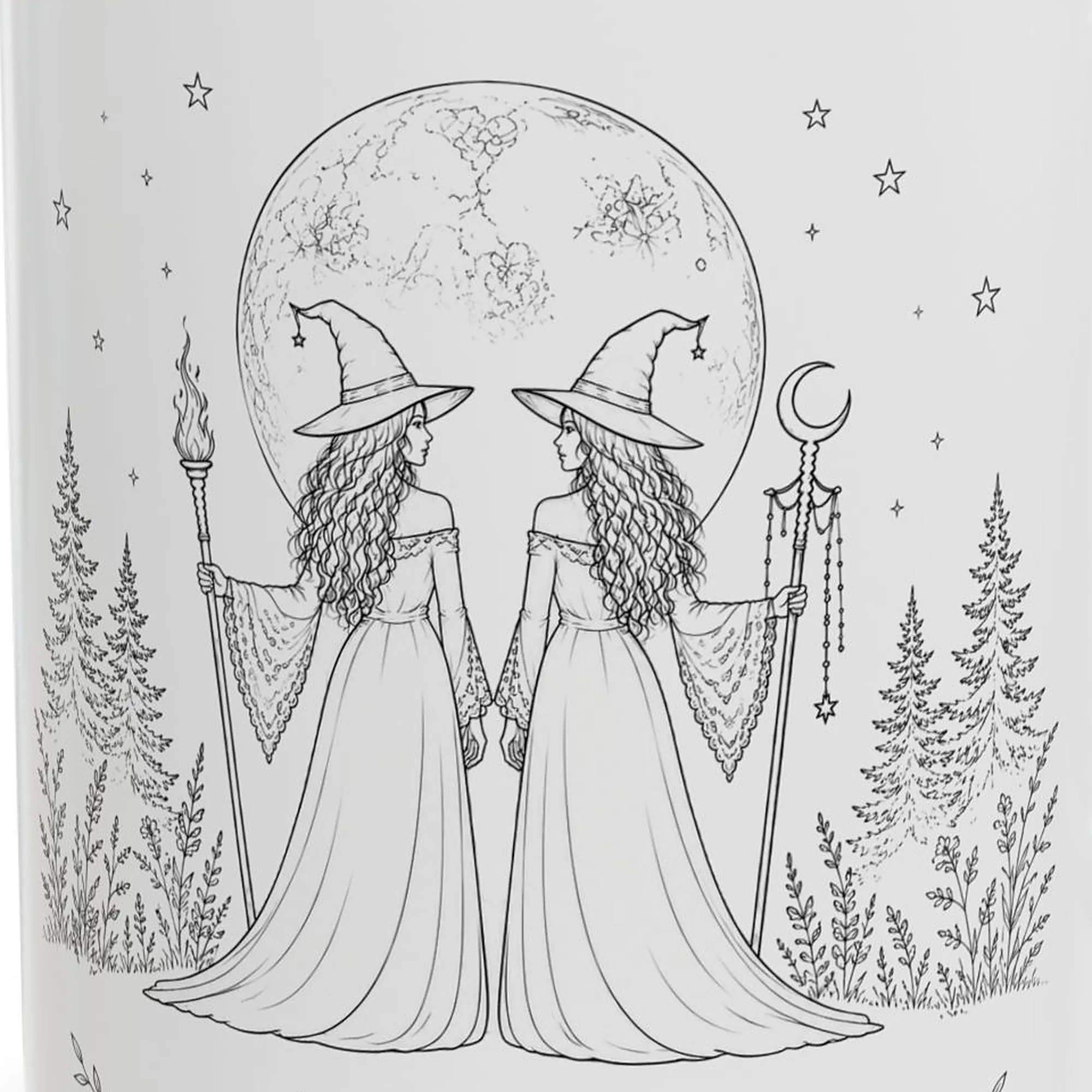 Close-up of the besties witch mug's hand-drawn pen-and-ink design — two witches seen from behind, one holding a torch and one a crescent-moon staff, under a detailed full moon surrounded by pine trees and wildflowers.