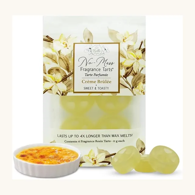 Creme brulee scented wax fragrance tarts in a cream floral pouch
