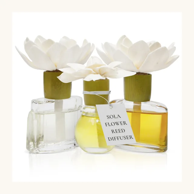 Cream sola wood flower reed diffuser with essential oil bottles