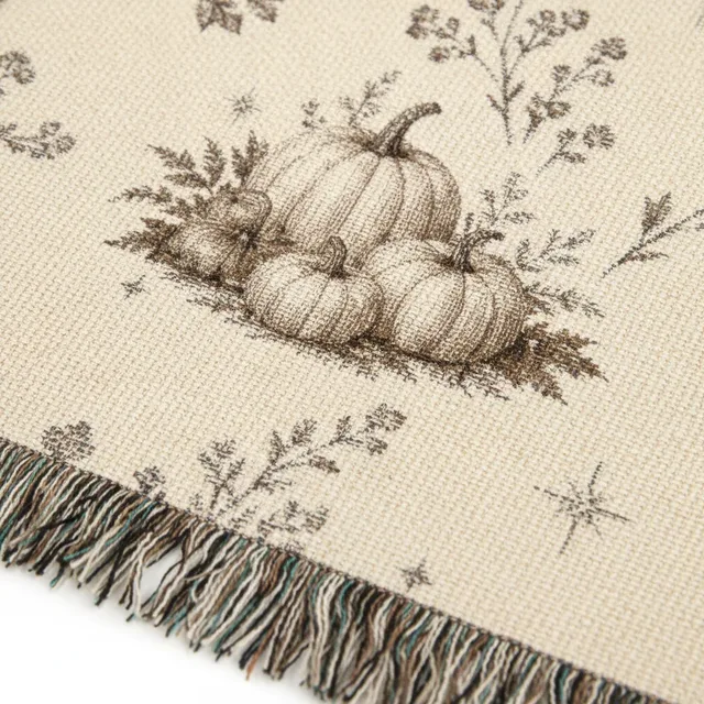 Cream boho pumpkin woven throw blanket, jacquard weave detail