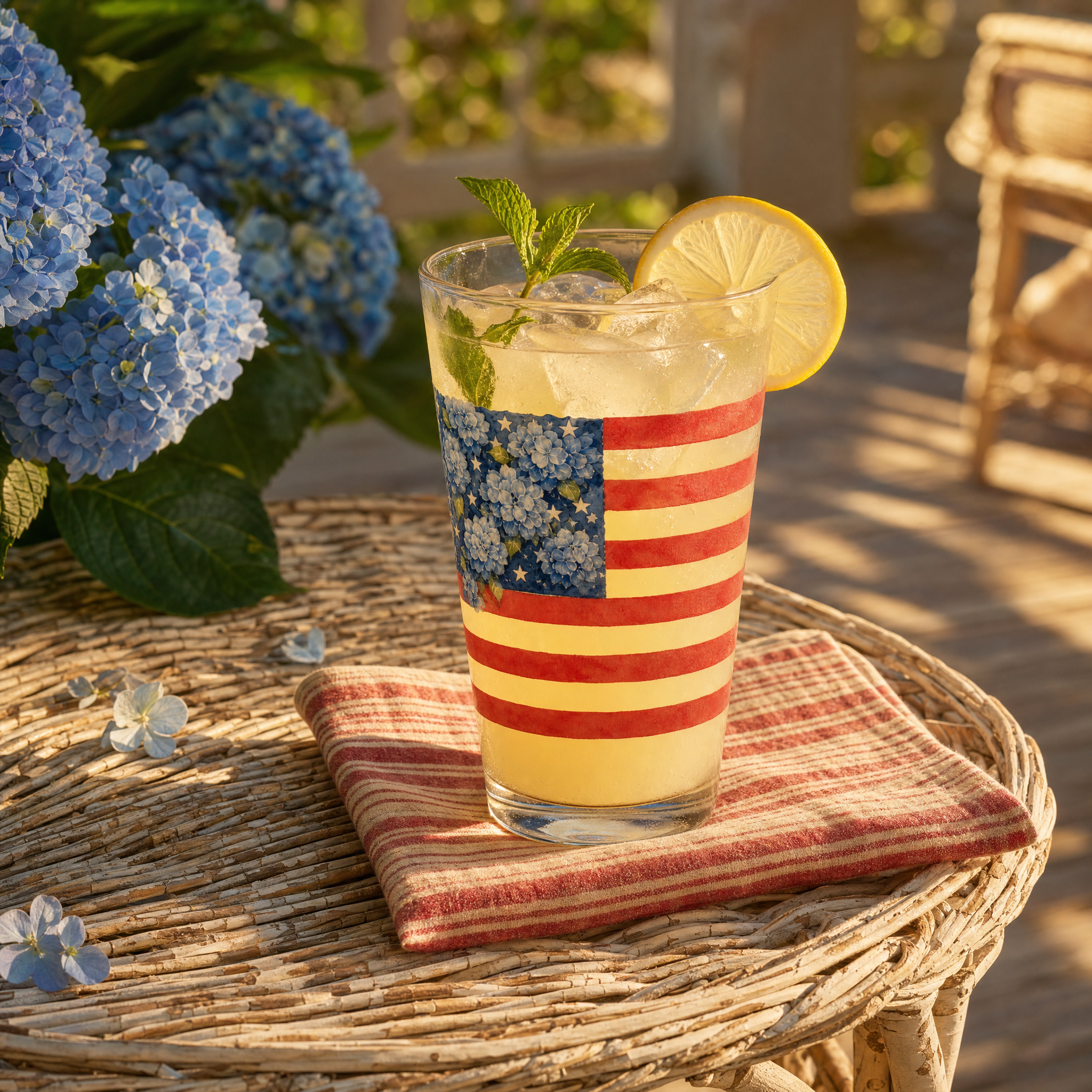A personalized Hydrangea American Flag pint glass on a white marble surface, soft daylight from the left, a cluster of blue hydrangea blooms beside it.