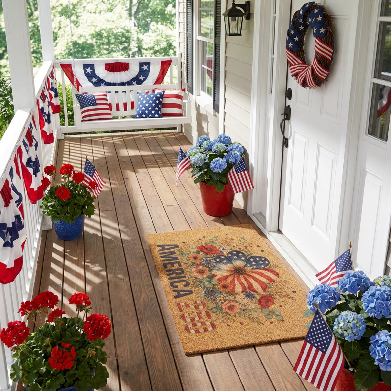 The America 250 coir doormat on a sunlit covered porch beside a white porch swing, blue hydrangeas, and red, white and blue cushions.