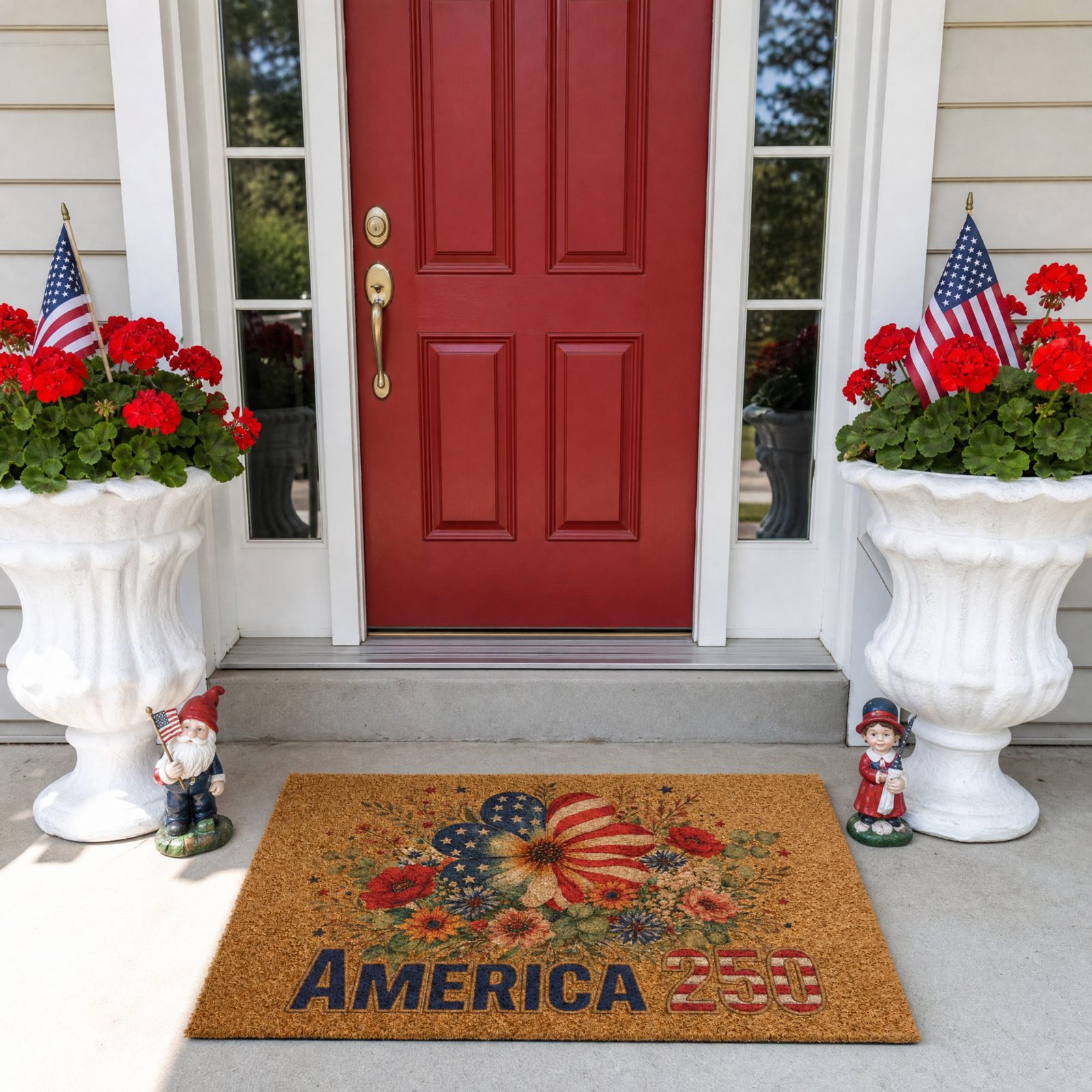 The America 250 coir doormat at a red front door framed by white urn planters of red geraniums, showing the vintage flag and wildflower pattern in warm reds, soft creams, and faded blues.